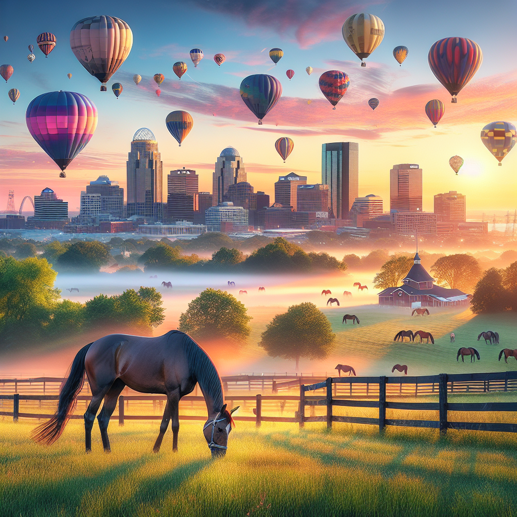 Hot air balloons over Louisville with horses in the foreground